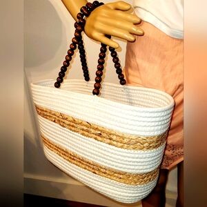 Woven/Braided Tote With Wood Beaded Handles NWOT